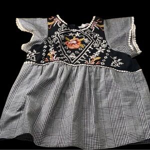 THML Boho Embroidered Baby Doll Top XS – Gingham & Floral Flutter Sleeve Blouse